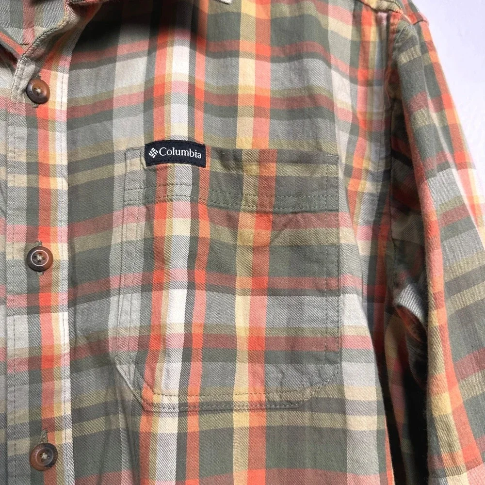Columbia Vapor Ridge III Mens Plaid Long Sleeve Button Down Shirt Orange Green L